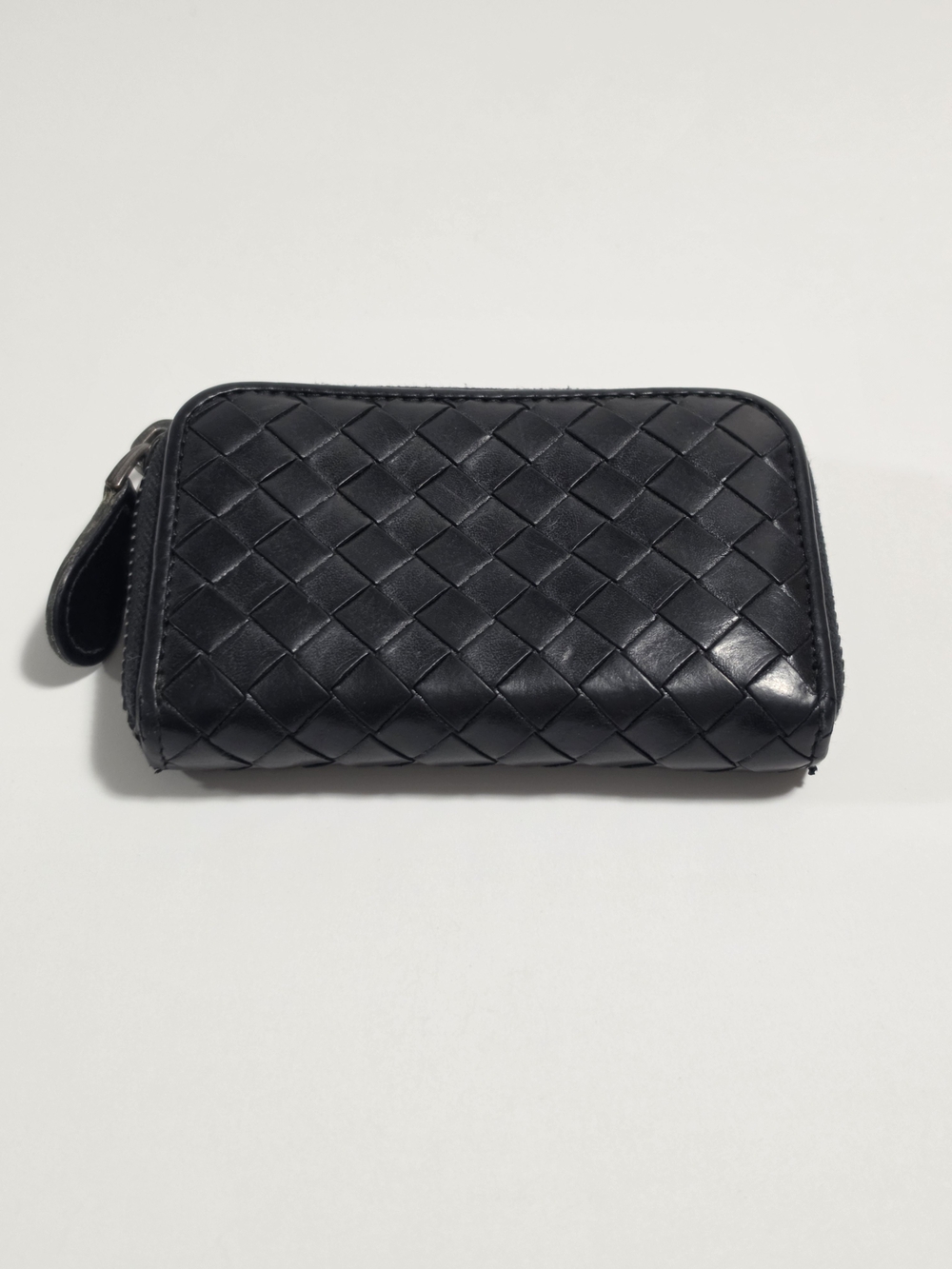 Bottega Veneta Black Woven Leather Zip Wallet Small Cardholder With Entrupy Cert